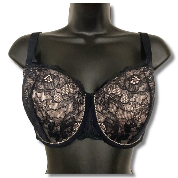 LA SENZA 34DD Black and nude pink floral lace underwire bra w/ clear rhinestones - Picture 3 of 13